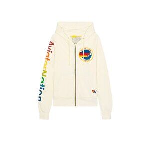 Aviator Nation Cream Zip Hoodie with Rainbow Sleeve Logo